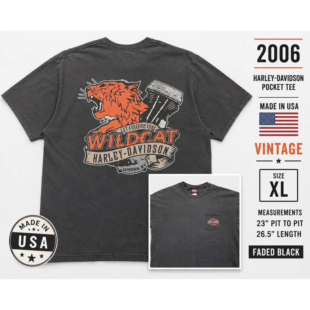 Vintage Y2K Harley Davidson Faded Black Pocket T Shirt Mens XL USA London KY‎